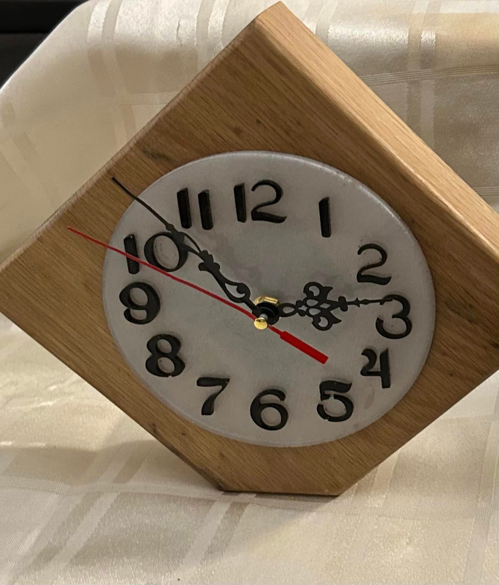 Diamond-shaped oak desk clock with bold Arabic numerals