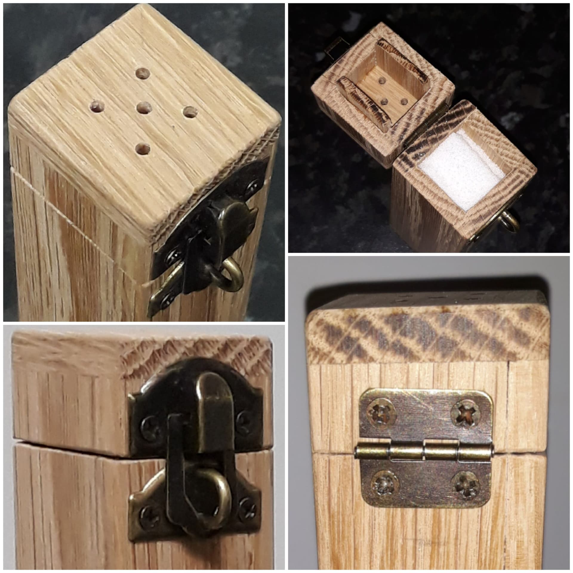 Pair of handcrafted oak salt and pepper mills on a workbench